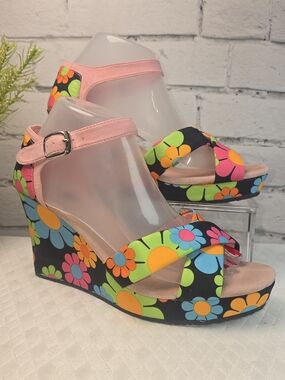 Dawgs Black Floral Neon Platform Wedge Sandals HIPPIE BOHO THROWBACK WOMENS 10
